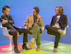 Gary Numan, Mick Robertson and Derek Burbidge in the Magpie studio, 1979