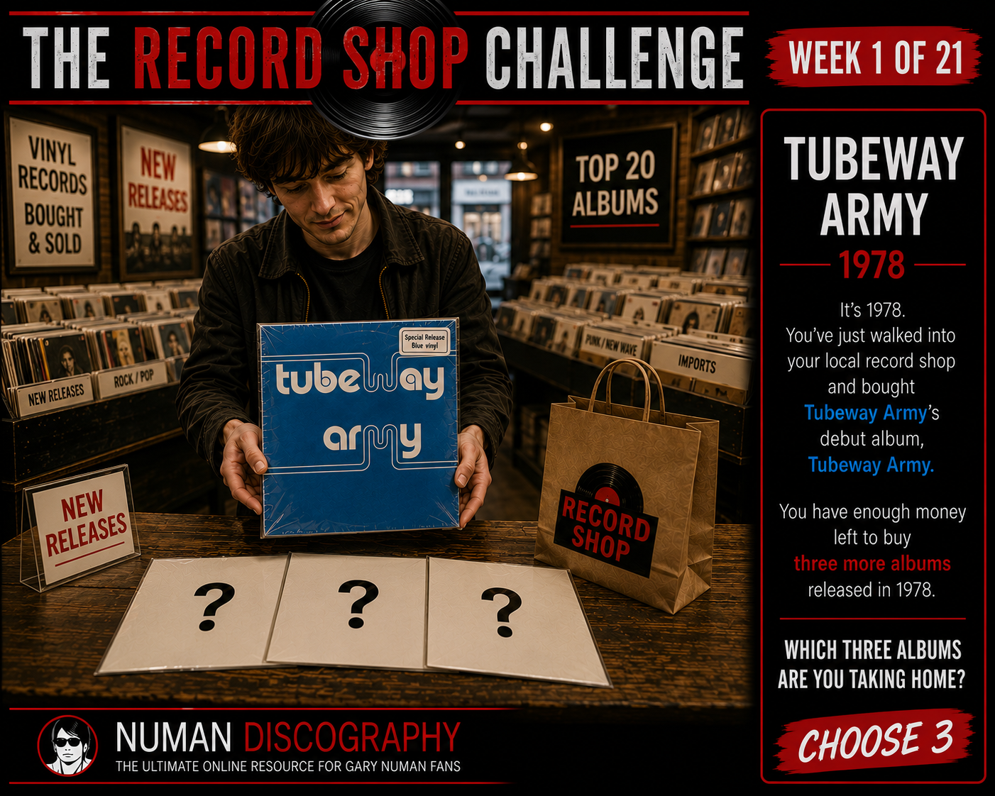 Week 1 of the Record Shop Challenge featuring the debut Tubeway Army album from 1978